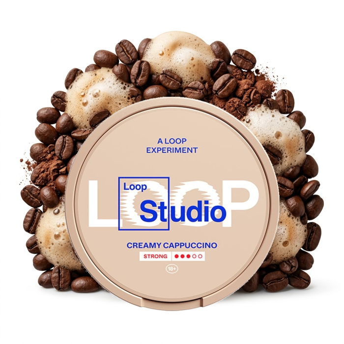 LOOP Creamy Cappuccino Strong Nicotine Pouches, geöffnete Dose mit Slim-Beuteln und Cappuccino-Geschmack