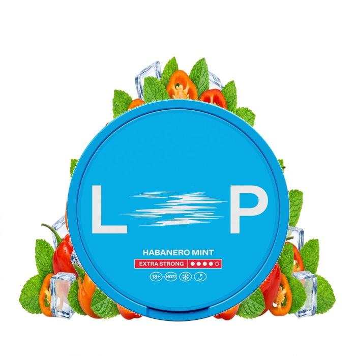 LOOP Habanero Mint Extra Strong Nicotine Pouches in Slim-Format, geöffnete Dose mit 20 Beuteln