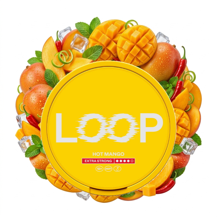 LOOP Hot Mango Extra Strong Nikotinbeutel Dose mit 20 Slim-Beuteln im Mango-Design