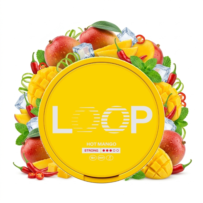 LOOP Hot Mango Strong Nicotine Pouches Dose mit 16mg Slim-Beuteln im Detail