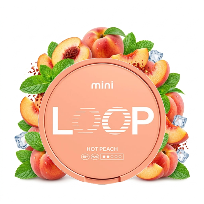 LOOP Hot Peach Mini Nicotine Pouches: geöffnete Dose mit Mini-Beuteln im All-White-Format