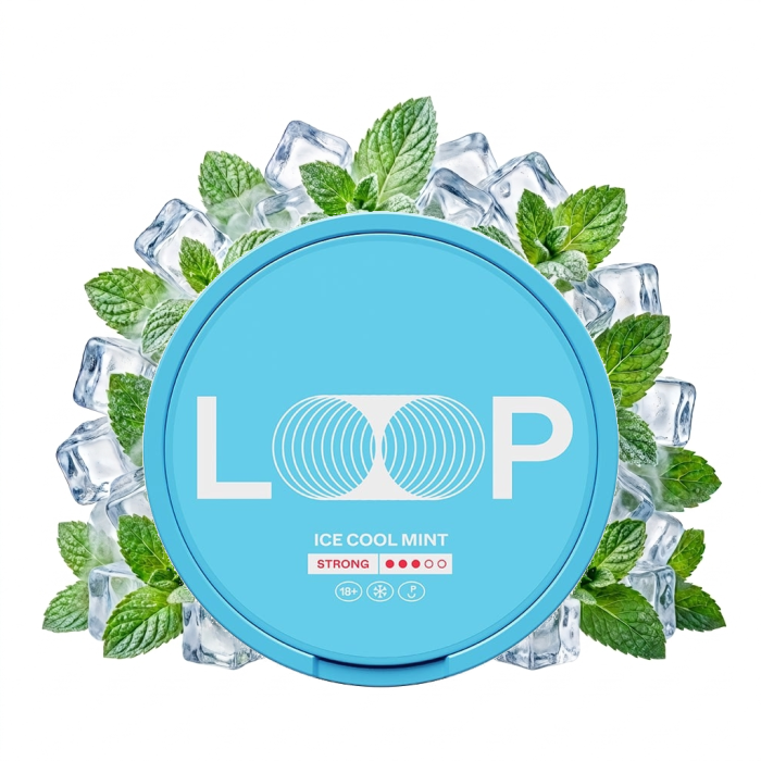 LOOP Ice Cool Mint Strong Snus-Dose mit geöffnetem Slim-Pouch und Minz-Etikett im Detail