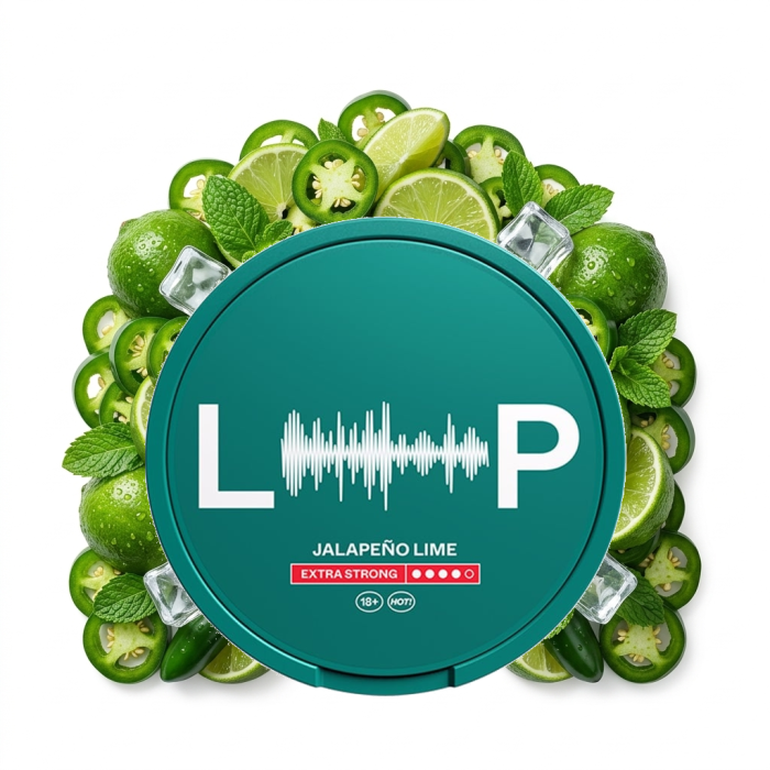 LOOP Jalapeño Lime Extra Strong Nicotine Pouches in Slim-Format, geöffnete Dose mit Beuteln