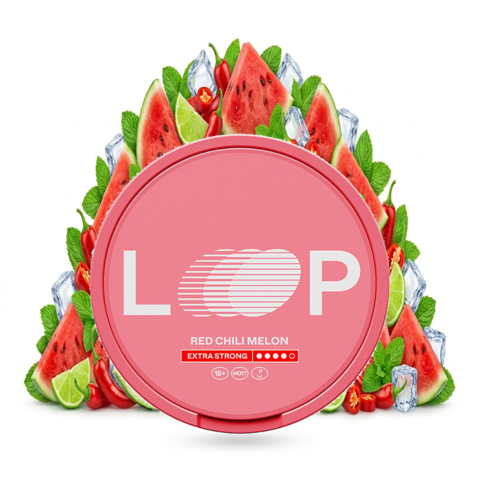 LOOP Red Chili Melon Extra Strong Nicotine Pouches Slim-Dose geöffnet mit Beuteln