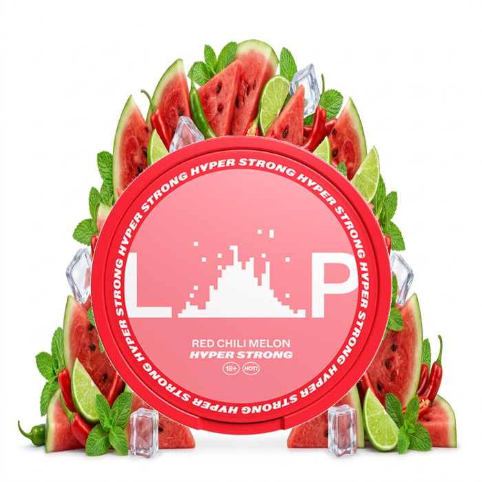 LOOP Red Chili Melon Hyper Strong Nicotine Pouches Dose mit geöffnetem Slim-Beutel im Vordergrund