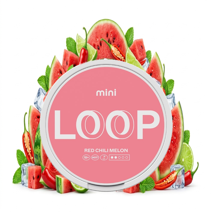 LOOP Red Chilli Melon Mini Nicotine Pouches Dose mit Mini-Beuteln im tabakfreien All-White-Format