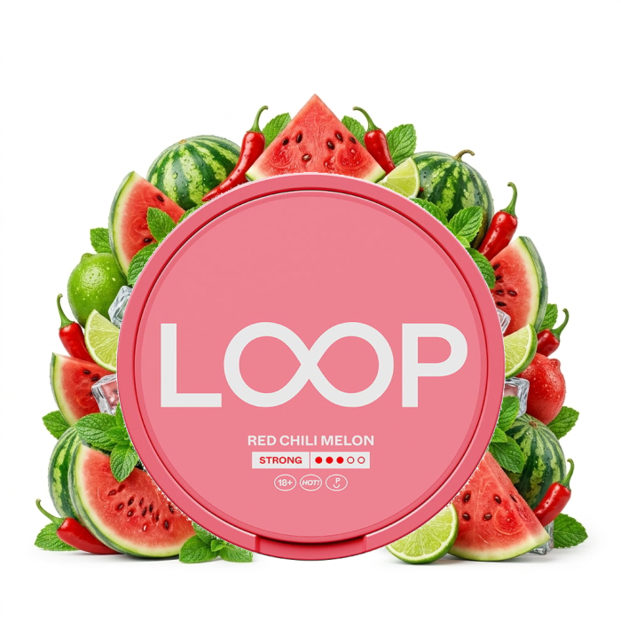 LOOP Red Chilli Melon Nikotinbeutel im Slim-Format mit geöffneter Dose und Beuteln auf hellem Hintergrund
