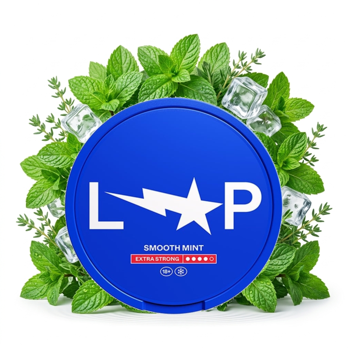 LOOP Smooth Mint Extra Strong Nicotine Pouches Dose im Slim-Format mit geöffnetem Beutel-Detail