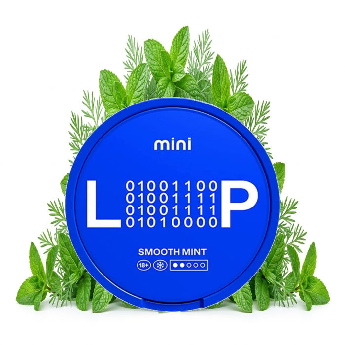 LOOP Smooth Mint Mini Nicotine Pouches - offene Dose mit Mini-Beuteln im All-White-Format