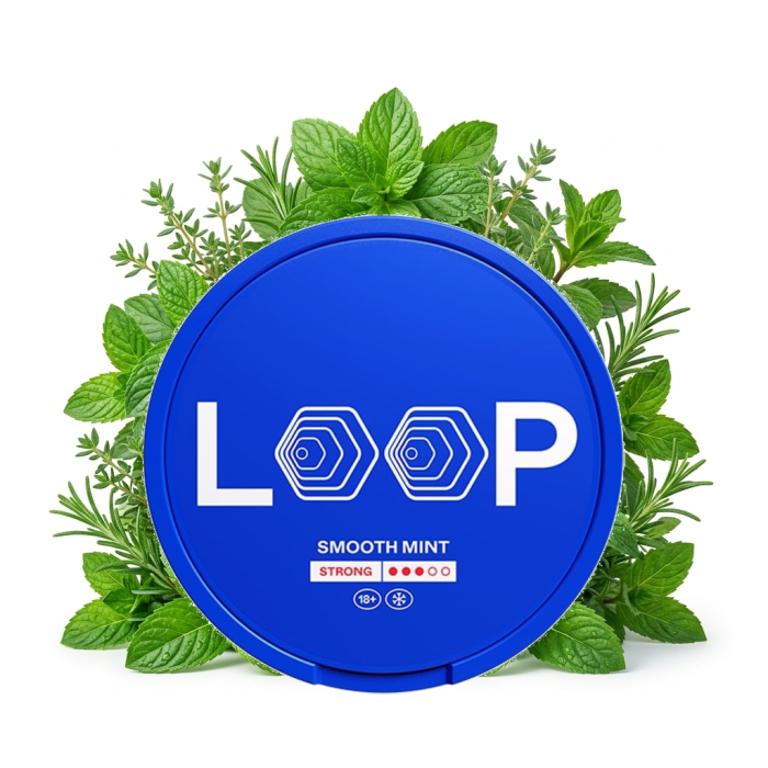 LOOP Smooth Mint Strong Nicotine Pouches in geöffneter Dose mit schlanken Slim-Beuteln
