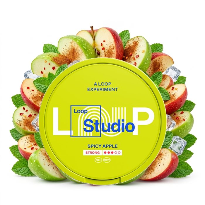 LOOP Spicy Apple Strong Nicotine Pouches Dose mit Slim-Beuteln im geöffneten Blick