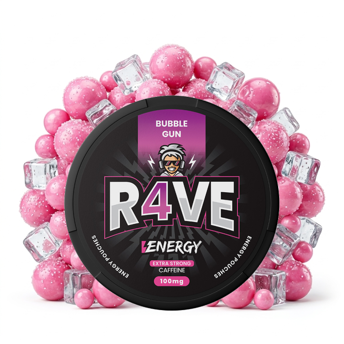 R4VE ENERGY Bubble Gun Energy Pouches Dose mit Bubblegum-Geschmack und 20 nikotinfreien Beuteln