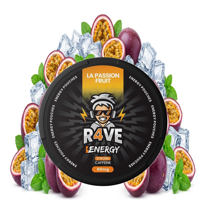 R4VE ENERGY La Passion Fruit Energy Pouches Dose mit 20 Beuteln, Sorte La Passion Fruit auf dem Etikett