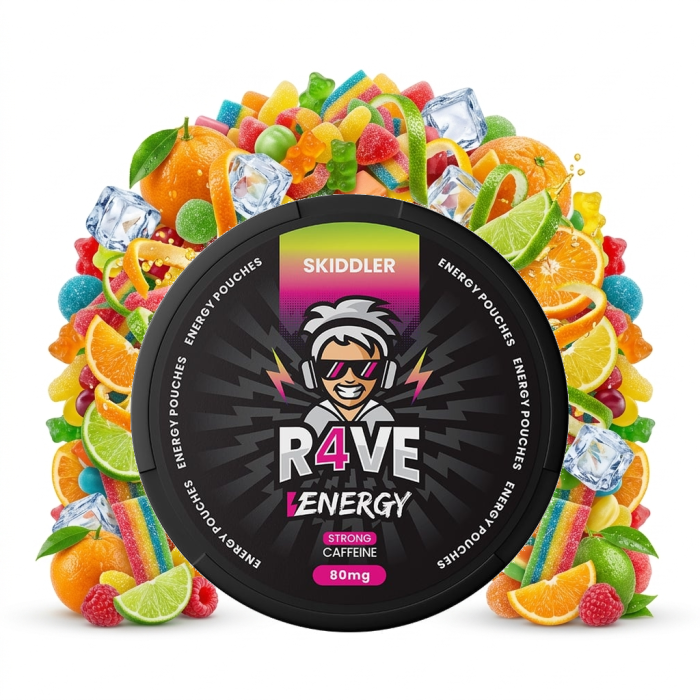 R4VE ENERGY Skiddler Energy Pouches mit Koffein in geöffneter Dose, fruchtiges Profil und 20 Beuteln