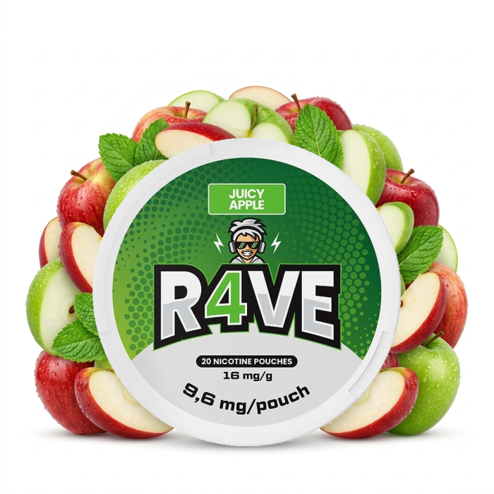 R4VE Juicy Apple Medium Nicotine Pouches Dose mit slim Portionsbeuteln im Detail
