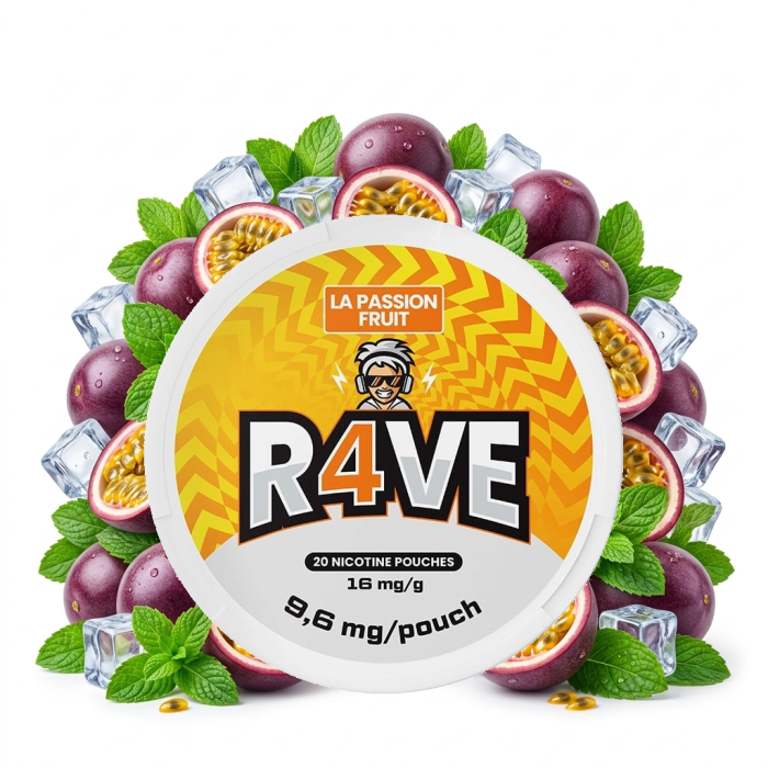 R4VE La Passion Fruit Medium Nicotine Pouches Dose mit Slim-Beuteln im tabakfreien All-White-Format