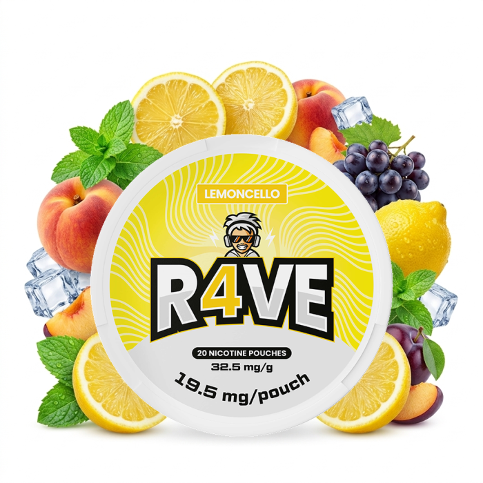 R4VE Lemoncello Fruit Extra Strong Nicotine Pouches Dose mit 20 Mini-Beuteln und Zitrusfrucht-Geschmack