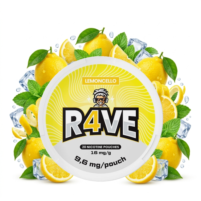 R4VE Lemoncello Medium Nicotine Pouches – geöffnete Dose mit Slim-Beuteln im All-White-Format