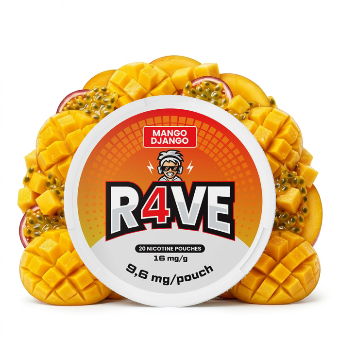 R4VE Mango Django Medium Nicotine Pouches Slim-Dose mit Mango-Grafik und Nikotinbeuteln