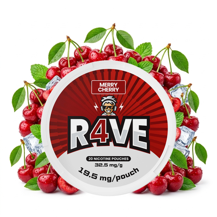 R4VE Merry Cherry Extra Strong Nikotinbeutel Dose mit Slim-Format und Cherry-Geschmack