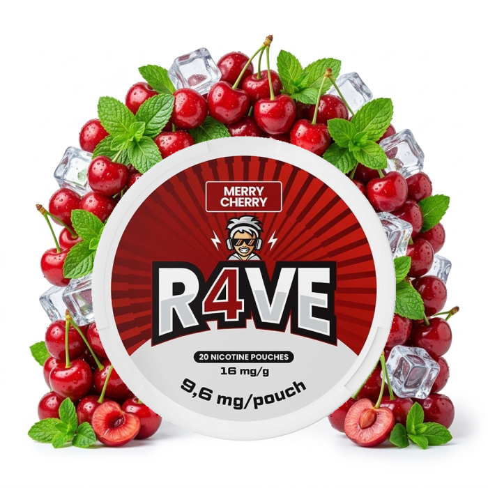 R4VE Merry Cherry Medium Nicotine Pouch Dose geöffnet mit Slim-Beutel und Kirscharoma