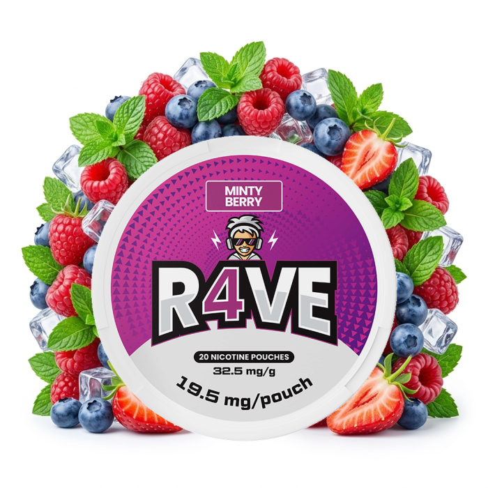 R4VE Minty Berry Extra Strong Nicotine Pouches Dose mit 20 Slim-Beuteln im Minze-Berry-Geschmack
