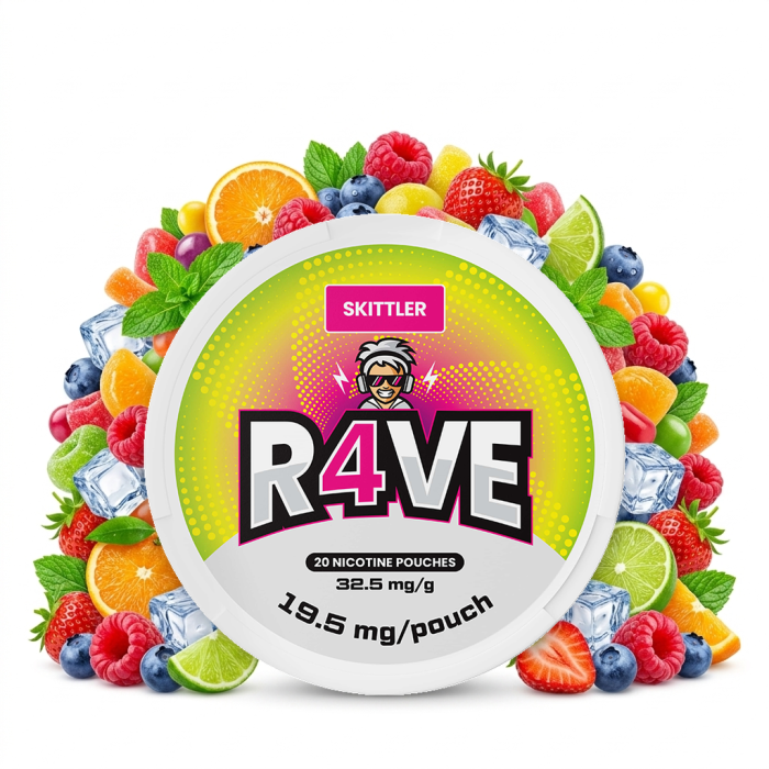 R4VE Skittler Extra Strong Nicotine Pouches Dose, tabakfreie Snus Pouches im Slim-Format