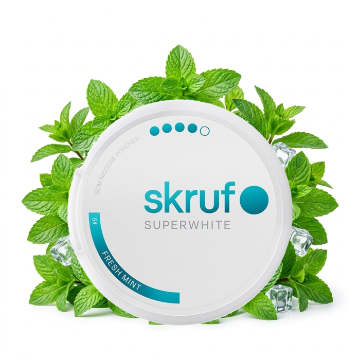 SKRUF Superwhite No.54 Fresh Mint Xtra Nicotine Pouches Dose mit Slim-Beuteln im Minz-Design