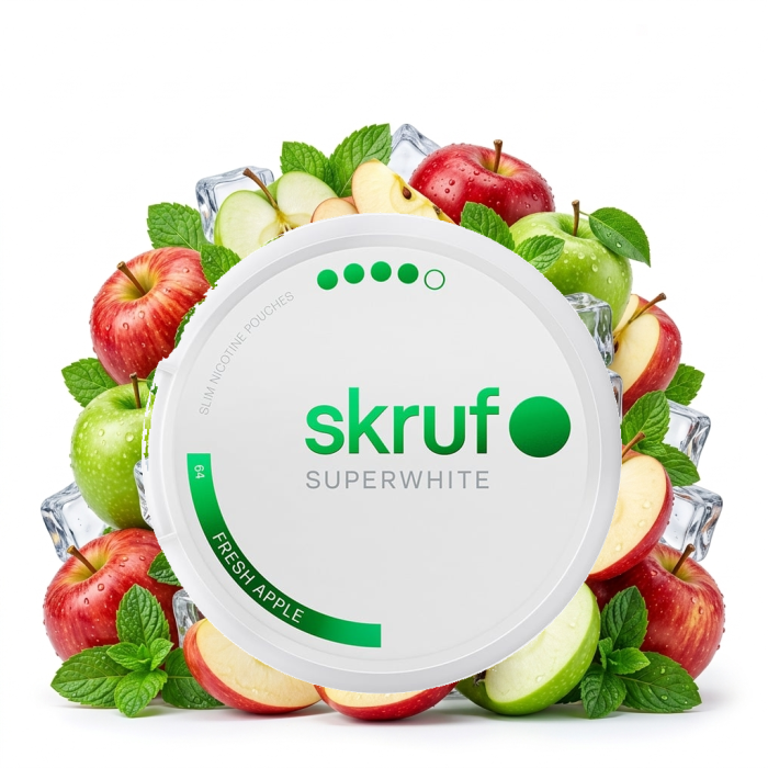 SKRUF Superwhite No.64 Fresh Apple Extra Strong Nicotine Pouches in Slim-Format mit Apfel-Geschmacksprofil