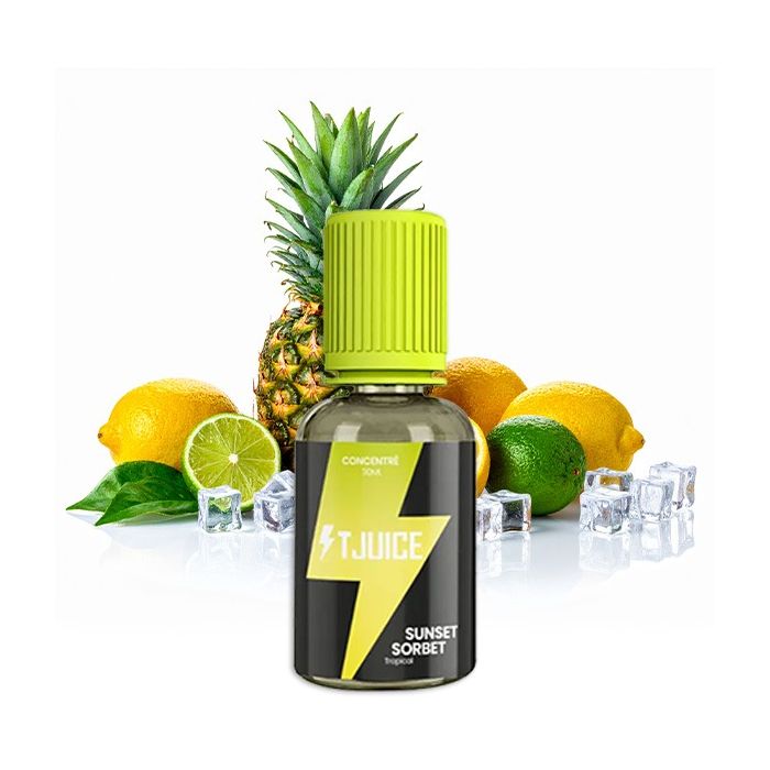 T-Juice Sunset Sorbet 30ml Aroma Flasche mit buntem Etikett und Beeren-Pfirsich-Motiv für E-Zigaretten