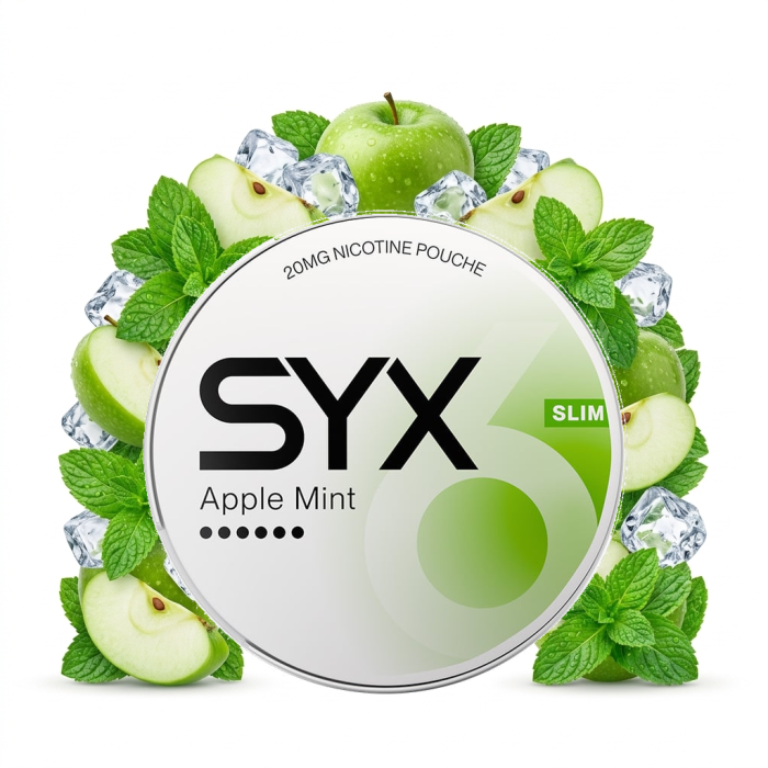 SYX Apple Mint Extra Strong Nicotine Pouches in geöffneter Dose mit weißen Portionen