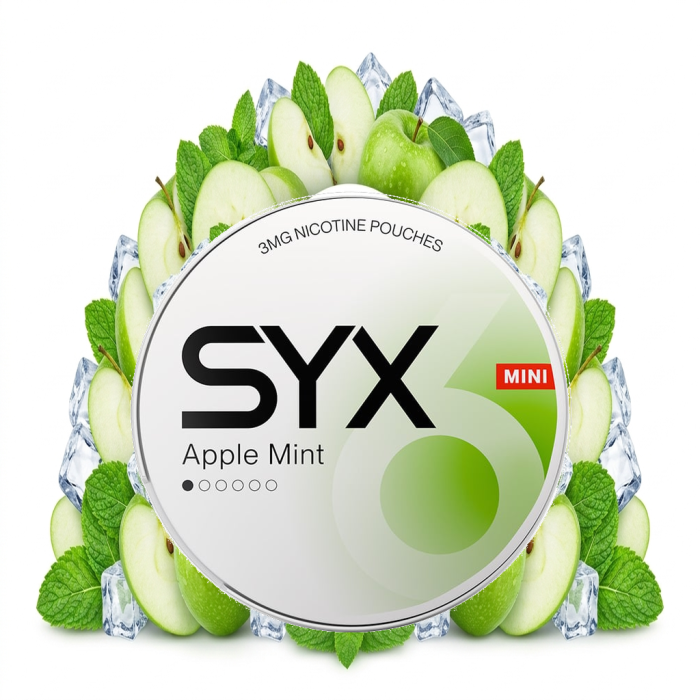 SYX Apple Mint Mini Medium Nikotinbeutel im Mini-Format mit Apple-Mint-Geschmack, geöffnete Dose mit 20 Beuteln