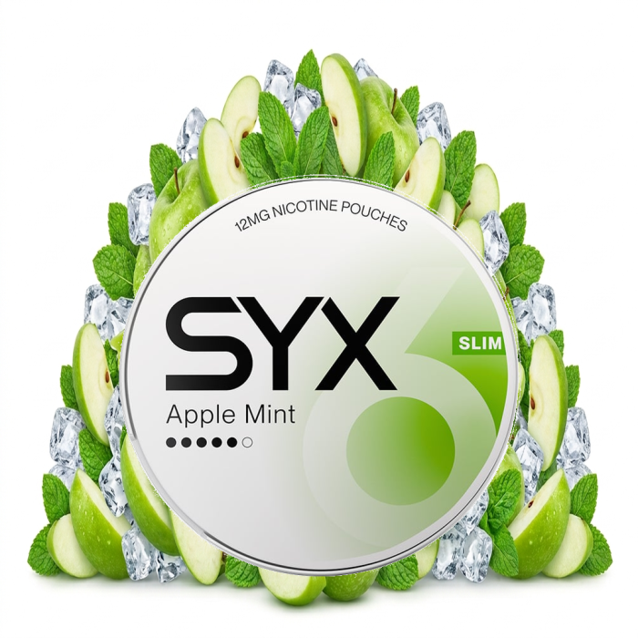 SYX Apple Mint Strong Nicotine Pouches, offene Dose mit 20 Slim-Portionen und Apfel-Minze-Etikett