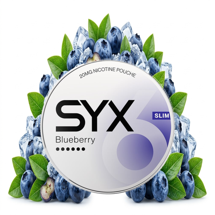 SYX Blueberry Extra Strong Nicotine Pouches Dose mit geöffnetem Slim-All-White-Portionsbeutel im Detail