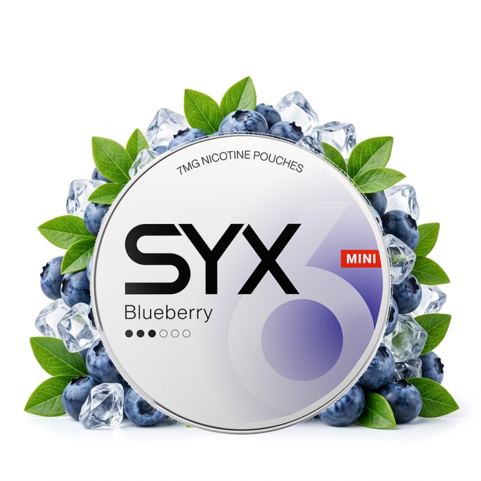 SYX Blueberry Mini Medium – schlanke all-white Nicotine Pouches mit Blueberry-Geschmack in der geöffneten Dose
