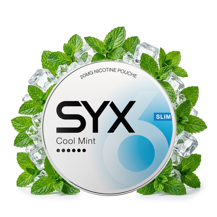 SYX Cool Mint Extra Strong Nicotine Pouches Slim-Format mit 16 mg Nikotin pro Beutel in geöffneter Dose