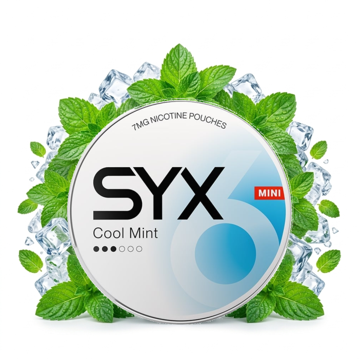 SYX Cool Mint Mini Medium Nicotine Pouches: geöffnete Dose mit 20 Mini-Beuteln im Cool-Mint-Format