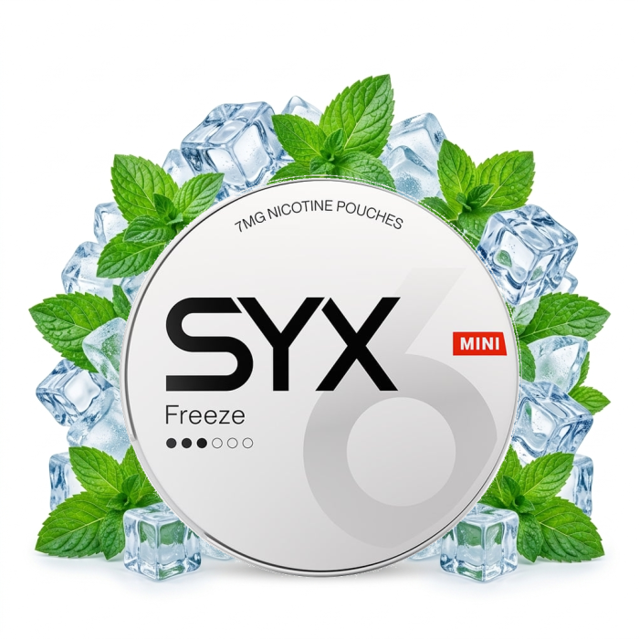 SYX Freeze Mini Medium Nicotine Pouches Mini-Format, geöffnete Dose mit All-White-Portionsbeuteln