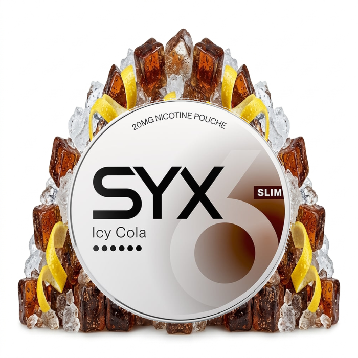 SYX Icy Cola Extra Strong Nicotine Pouches Slim-Format mit 20 mg Nikotin pro Beutel in geöffneter Dose