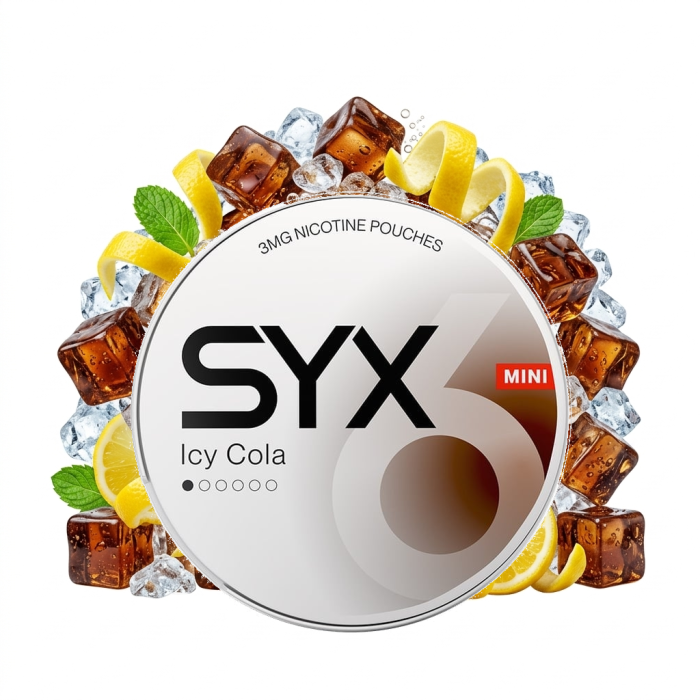 SYX Icy Cola Mini Portionsdose mit tabakfreien All-White Cola-Pouches im Mini-Format