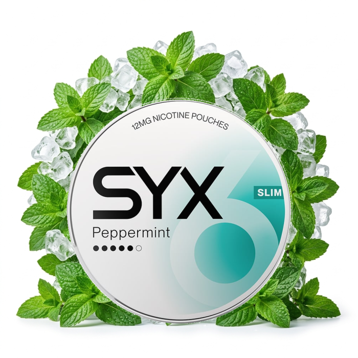 SYX Peppermint Strong Nicotine Pouches Dose mit Pfefferminz-Signet und All-White Slim-Portionen