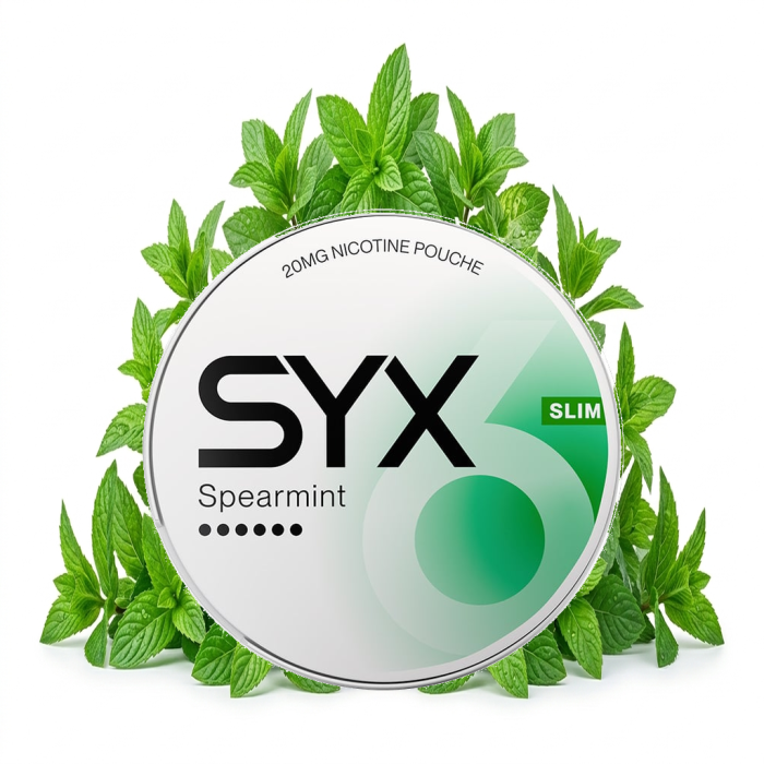 SYX Spearmint Extra Strong Slim-Nikotinbeutel mit 16 mg pro Portion, All-White Dose geschlossen