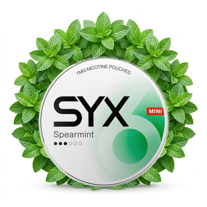 SYX Spearmint Mini Medium Nicotine Pouches im Slim-Format, geöffnete Dose mit 20 Portionen
