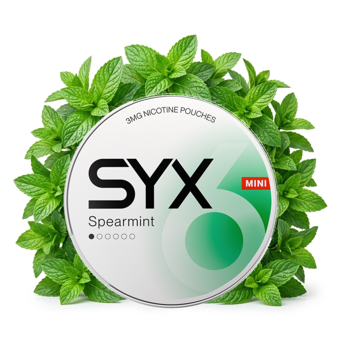 SYX Spearmint Mini Nicotine Pouch Dose geöffnet mit All-White Mini-Beuteln und Spearmint-Geschmack