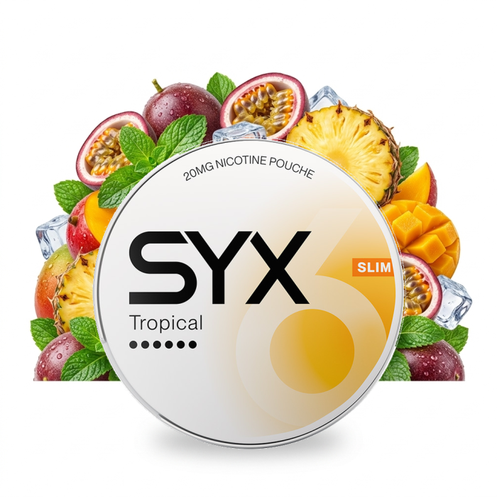 SYX Tropical Extra Strong Nicotine Pouches Dose mit Slim-Beuteln im Tropen-Geschmack