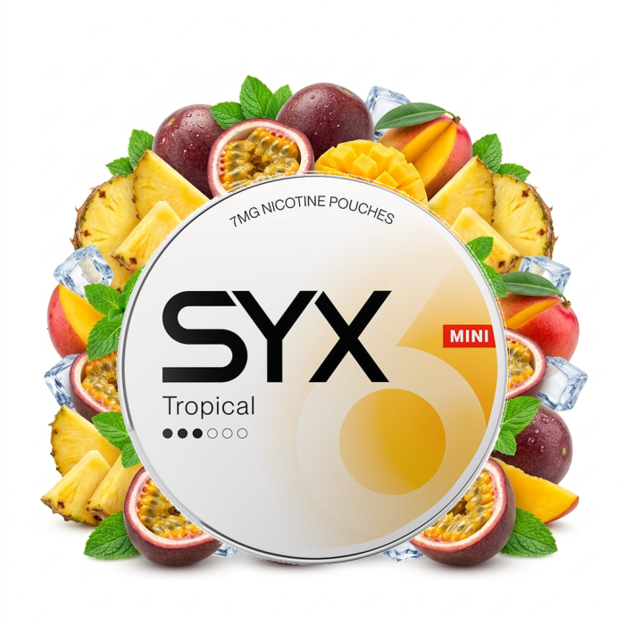SYX Tropical Mini Medium Nicotine Pouches, geöffnete Dose mit Mini-Beuteln im All-White-Format