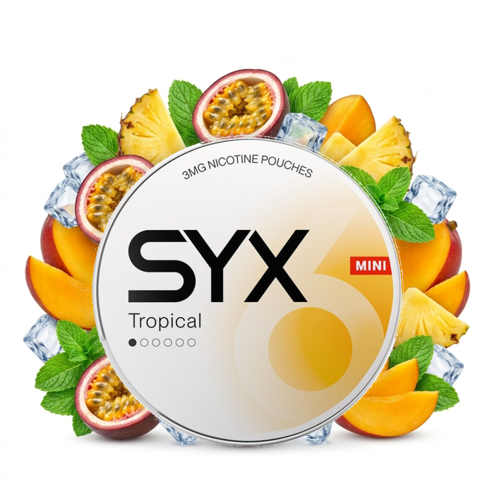 SYX Tropical Mini Nikotinbeutel Dose geöffnet mit Mini-Format Portionsbeuteln