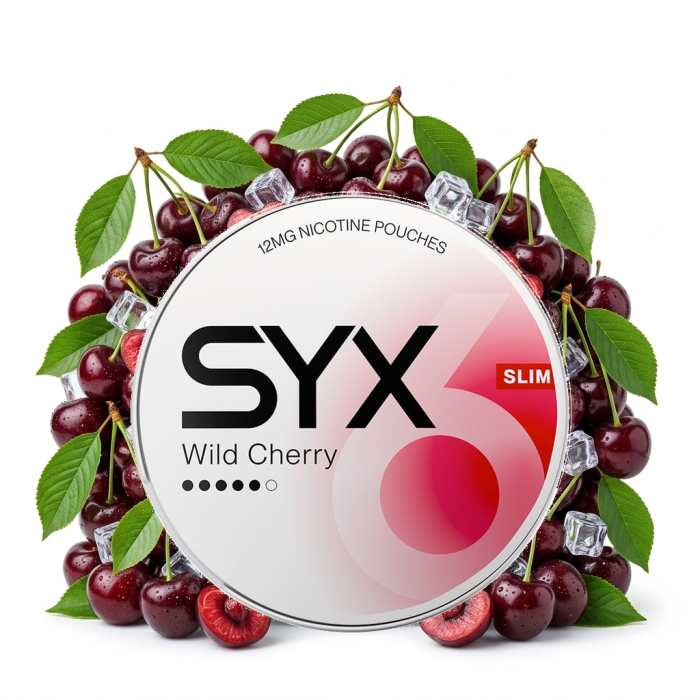 SYX Wild Cherry Strong Nicotine Pouches – geöffnete Dose mit Slim-Beuteln und Wild-Cherry-Etikett