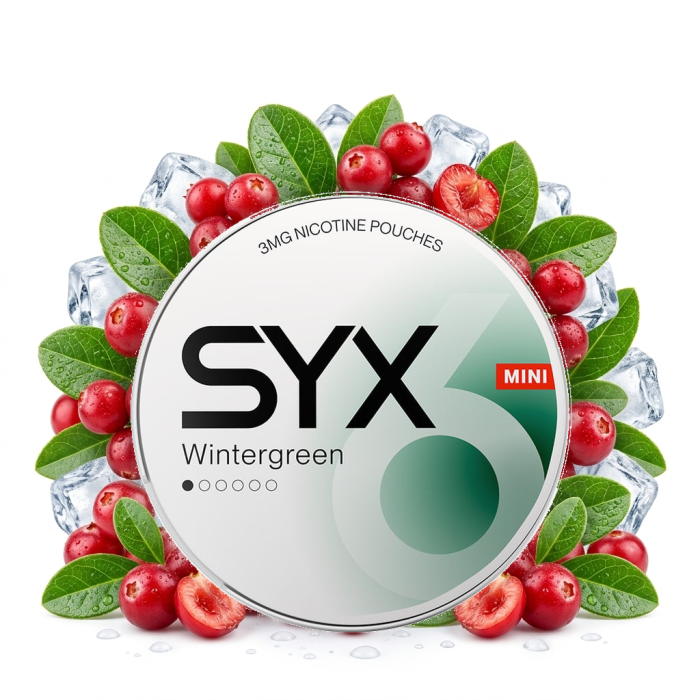 SYX Wintergreen Mini Nicotine Pouches Dose geöffnet mit Mini-Beutel im All-White-Format