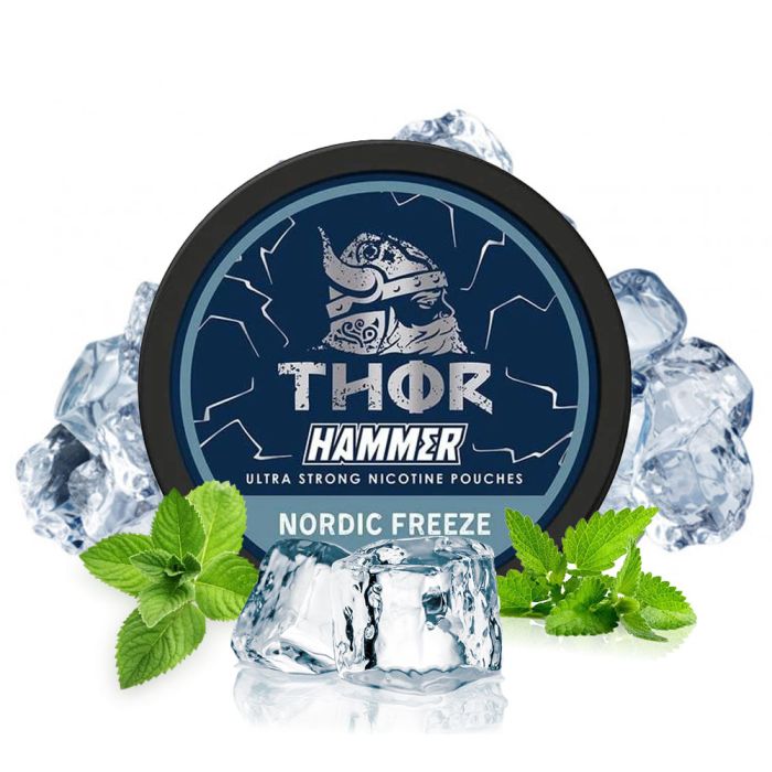 Dose Thor Nordic Freeze Strong Nicotine Pouches mit eisig-blauem Design auf hellem Hintergrund